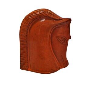 MCM Bookend Horse Head Trojan Signed Seyei Orange Stoneware